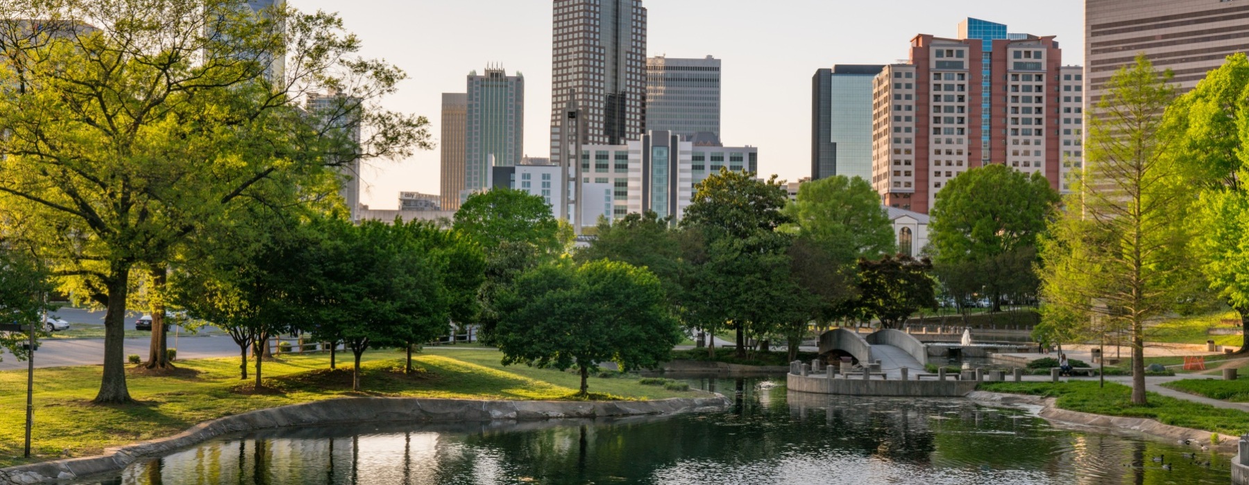 pond in park with city in the background
