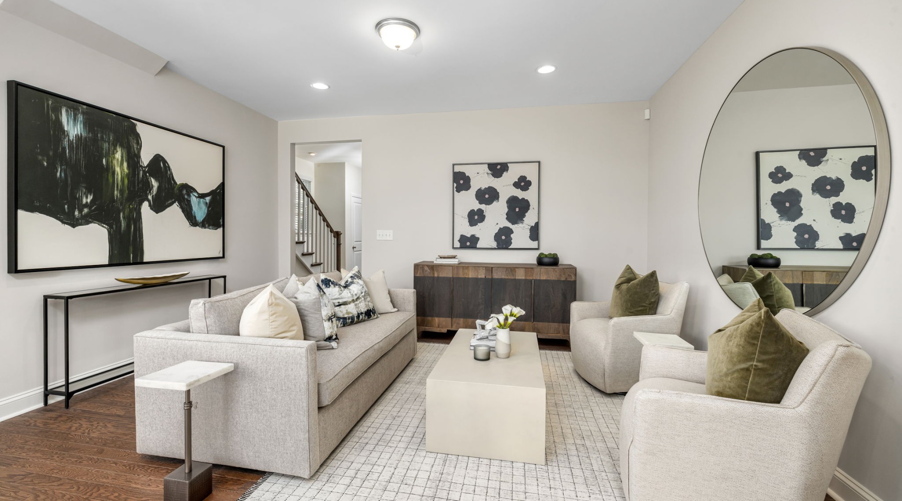 a living room with a couch and a table