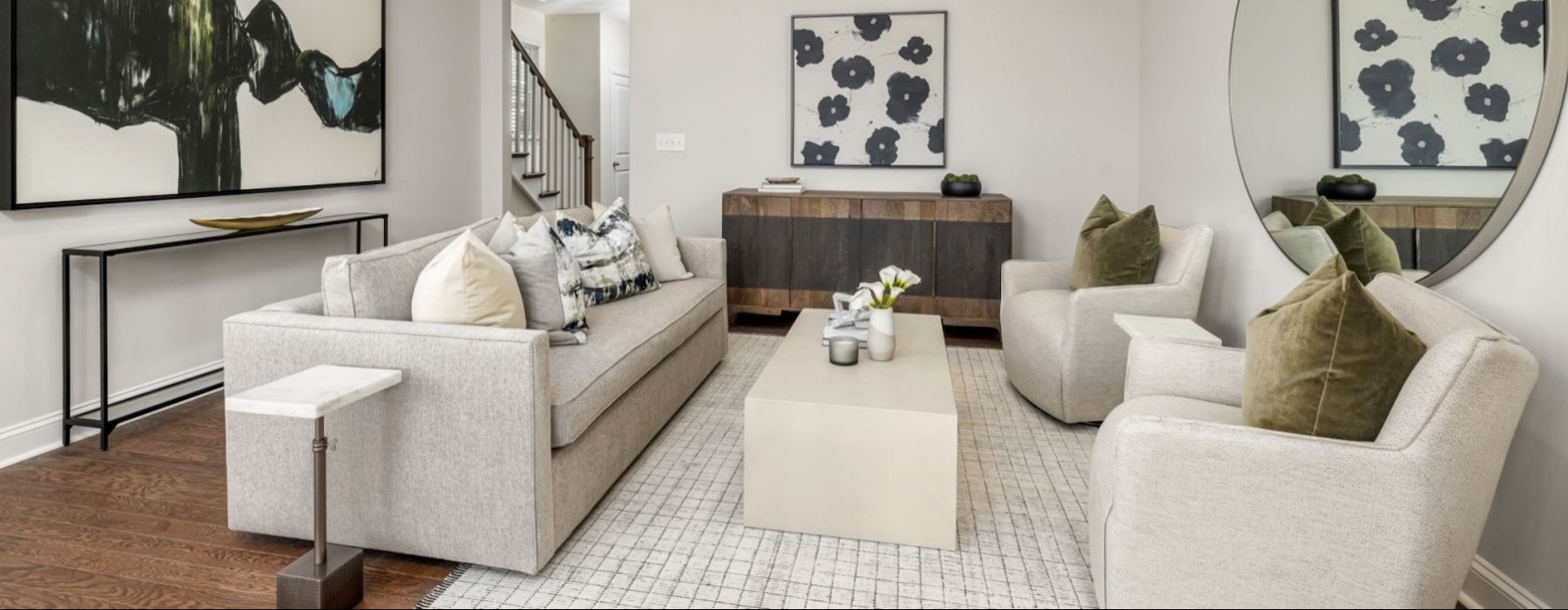 a living room with a couch and a table